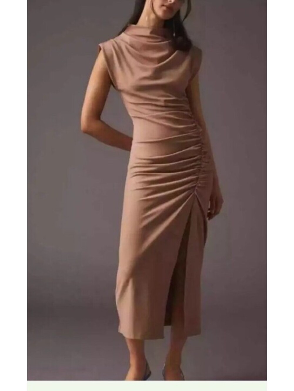 Anthropologie The Maya Ruched Cowl Neck Maxi Dress In Brown Beige Small $188